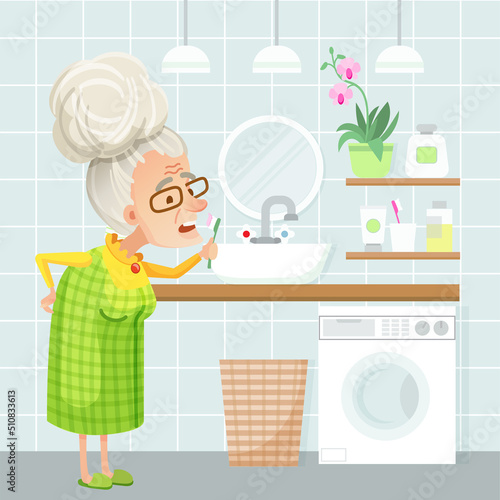 Vector illustration of a bathroom interior in pleasant light blue colors. Old lady brushing her teeth in bathroom. Sink, mirror, flower, cosmetics, towel, laundry basket, washing machine.