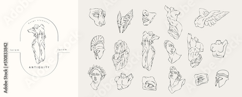 Vector set of logo with antique sculptures. Vector illustration with classical Sculpture for card poster T-Shirt or printing. Contemporary hand drawn mythical collection in line design style. Vector photo