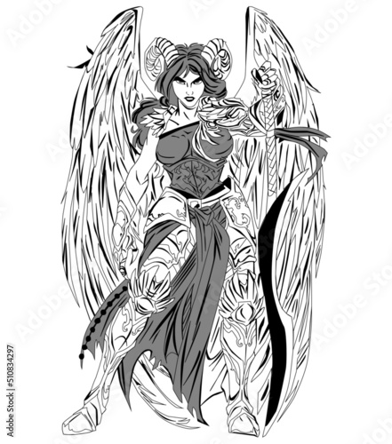 angel knight demon black and white sketch