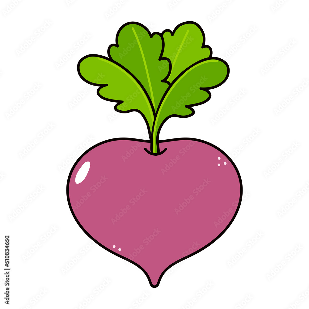 Cute funny radish character. Vector hand drawn traditional cartoon vintage, retro, kawaii character illustration icon. Isolated on white background. Radish character concept Cute funny radish character. Vector hand drawn traditional cartoon vintage, retro, kawaii character illustration icon. Isolated on white background. Radish character concept