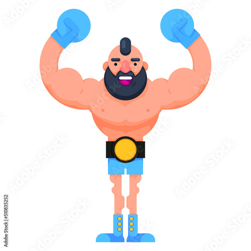 Champion boxer celebrating victory wearing a boxing belt. boxer enjoying victory with his hands raised. flat vector illustration.