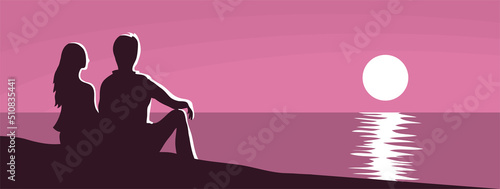 Young couple with a beautiful seascape. Evening sunset. Silhouette of a man and a girl on a violet background. Loving people sit on the shore. Vector cartoon romantic illustration banner