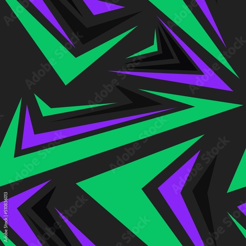green purple Abstract seamless chaotic pattern with lightning, checkers square taxi, line shape. Black background for a boy. Creative modern wallpaper in bright neon colors. Seamless pattern for sport
