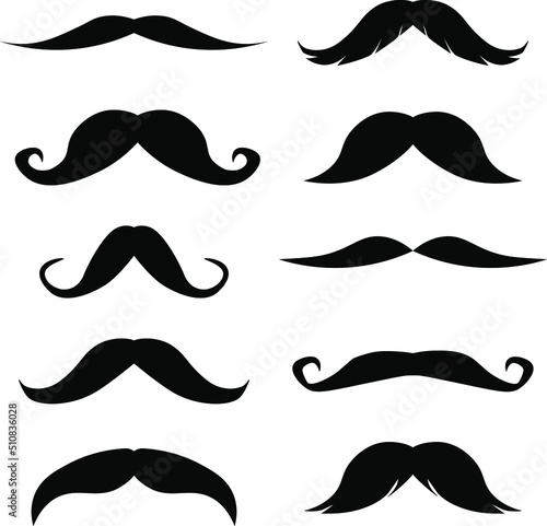 Mustaches symbols. Vintage male mustaches silhouette, funny black mustaches vector illustration set. Retro gentleman mustaches. Hipster man element for photo. Different accessories collection