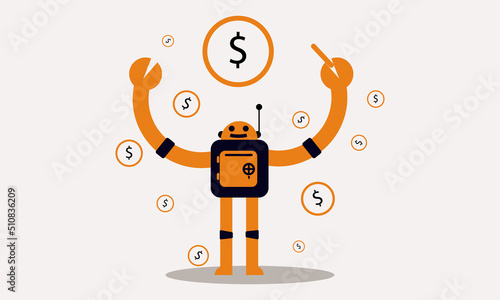 cartoon robot got the much money flat illustration design