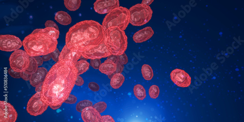 Pox, Mpox (monkey pox) viruses with the core inside. 3d visualization, glowing, neon light on dark background photo