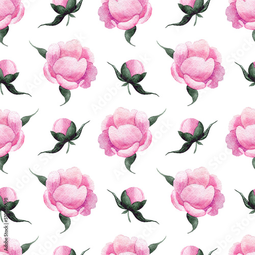 Watercolor seamless pattern of pink watercolor peonies flowers and buds. Hand-drawn floral fabric and wallpaper design. Delicate summer wrapping paper print