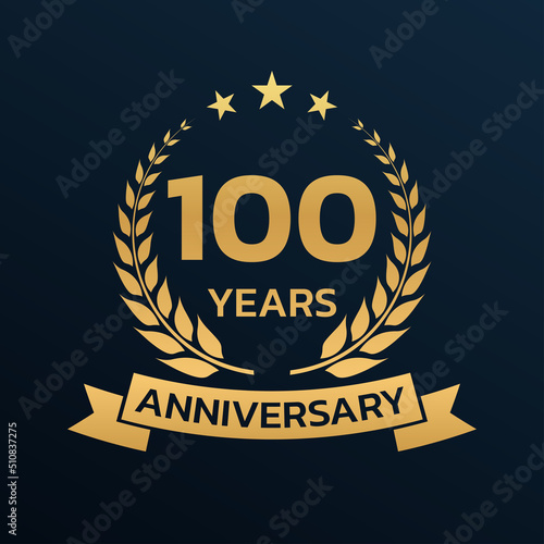 100 years anniversary laurel wreath logo or icon. Jubilee, birthday badge, label or emblem. 100th celebration design element. Vector illustration.