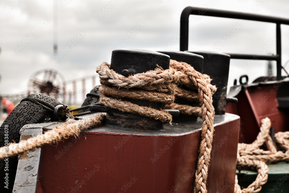 Bollard and rope ship close-up