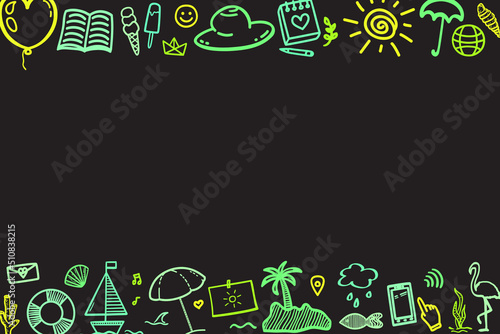 Colored neon holiday elements on isolated black background. Sketchy doodles. Summer relax