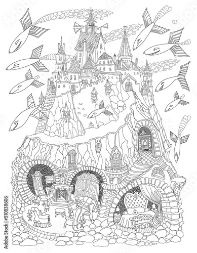 Raid of fantastic cruise monsters on a fairy castle, a safe underground shelter with furniture and equipment. Adults coloring book page photo