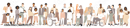 Multicultural group of families. Flat vector illustration.