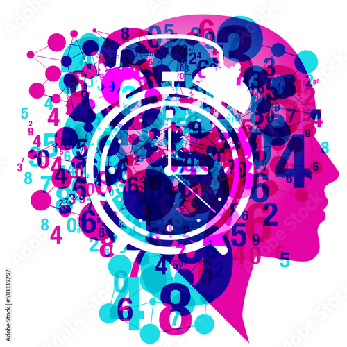 A right facing female profile overlaid with various sized numbers and linked circular grids. A large white translucent classic alarm clock icon is placed centrally.