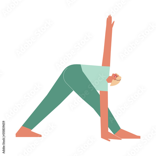 Vector isolated illustration with flat female character. Sportive woman learns Twist posture Parivrtta Trikonasana at yoga class. Fitness exercise - Revolved Triangle Pose