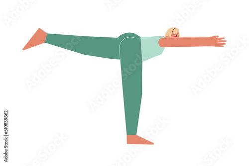 Vector isolated illustration with flat female character. Sportive woman learns Balancing posture Virabhadrasana III at yoga class. Fitness exercise - Warrior 3
