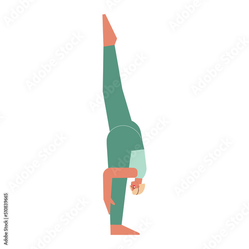 Vector isolated illustration with flat female character. Sportive woman learns posture with Forward Bend - Urdhva Prasarita Eka Padasana at yoga class. Fitness exercise - Standing Split