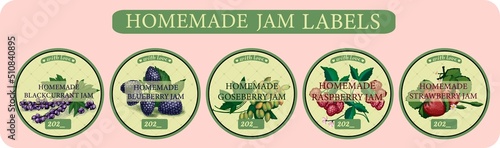 STICKERS ON JARS WITH HOMEMADE JAM. BERRY JAM. confiture. Strawberries, blueberries and currants. Gooseberries and raspberries. Canning labels. Vintage kitchen stickers