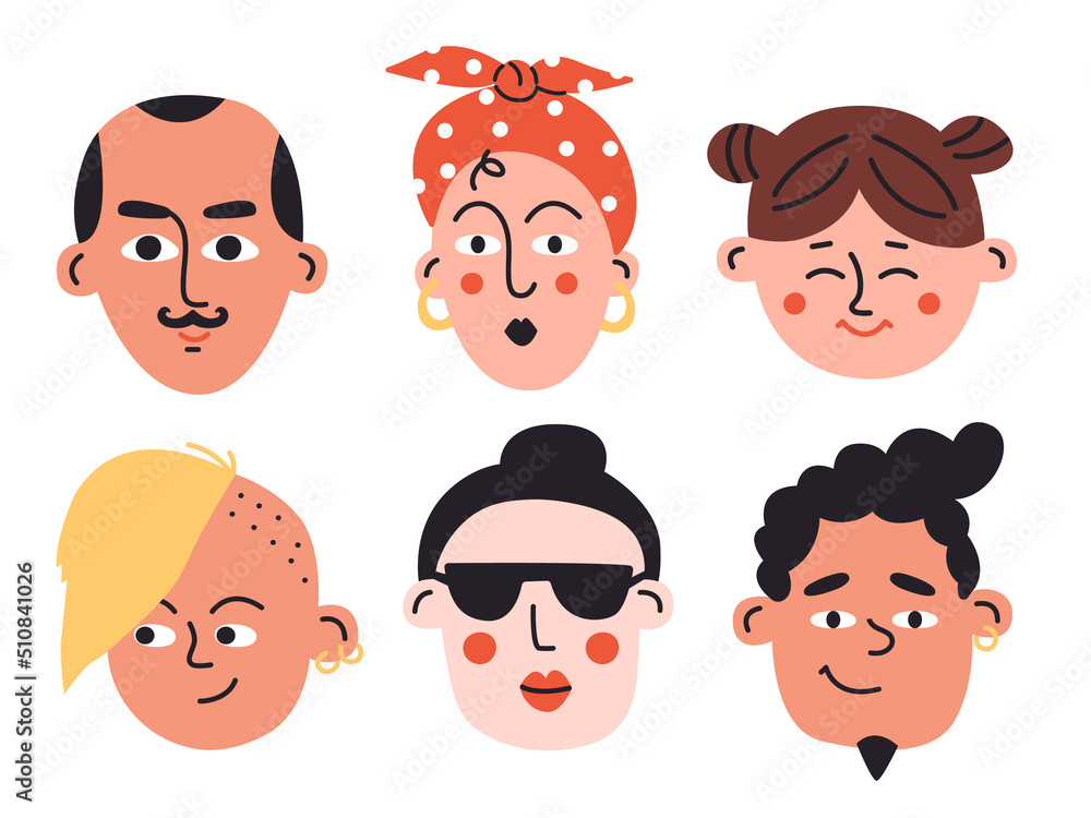 Set of abstract doodle faces. Hand drawn portraits of people of different nationalities, ethnicities, age and gender. Funny colorful characters. Collection of vector men and women icons Set of abstract doodle faces. Hand drawn portraits of people of different nationalities, ethnicities, age and gender. Funny colorful characters. Collection of vector men and women icons