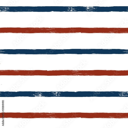 Stripes seamless pattern, red and blue patriotic striped vector background, american watercolor brush strokes. USA colors grunge stripes