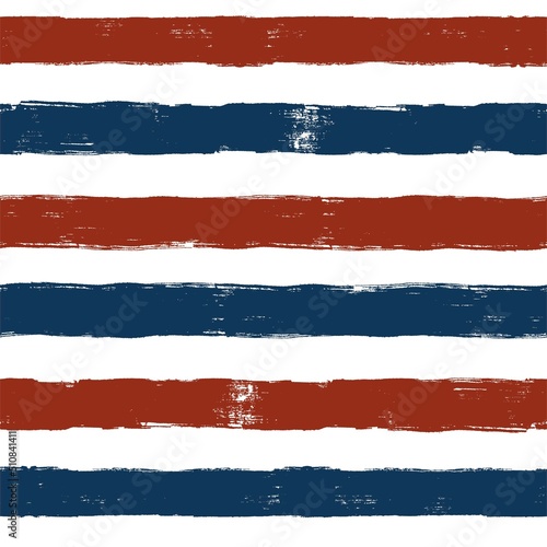 Stripes seamless pattern, red and blue patriotic striped vector background, american watercolor brush strokes. USA colors grunge stripes
