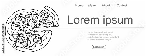 Continuous one line drawing of Italy pizza for restaurant logo badge. Italian pizzeria logotype template concept isolated on white background. Trendy single line draw design with quote template.