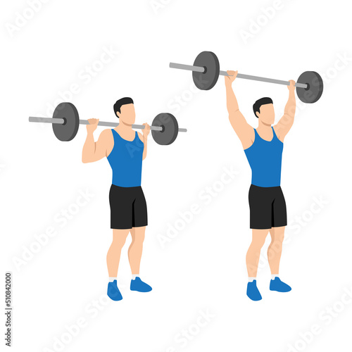 Man doing Standing behind the neck barbell shoulder press exercise. Flat vector illustration isolated on white background