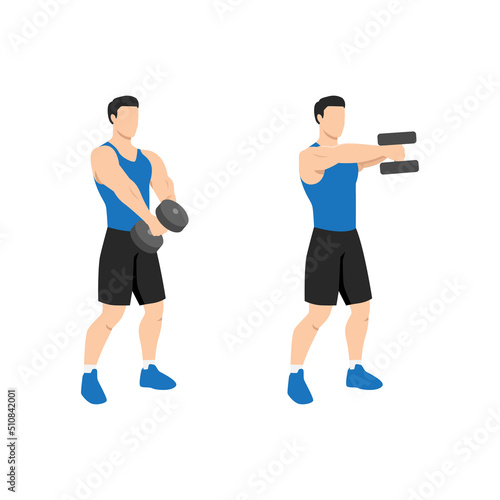 Man doing Two handed dumbbell front raise exercise. Flat vector illustration isolated on white background