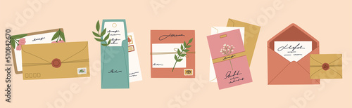 Set of different colored envelopes with seals and stamps, romantic postcards and letters with flowers. Hand drawn vector illustration isolated on yellow background. Flat cartoon style.