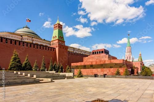 Red square in Moscow with Senate palace, Kremlin wall, towers and Lenin Mausoleum