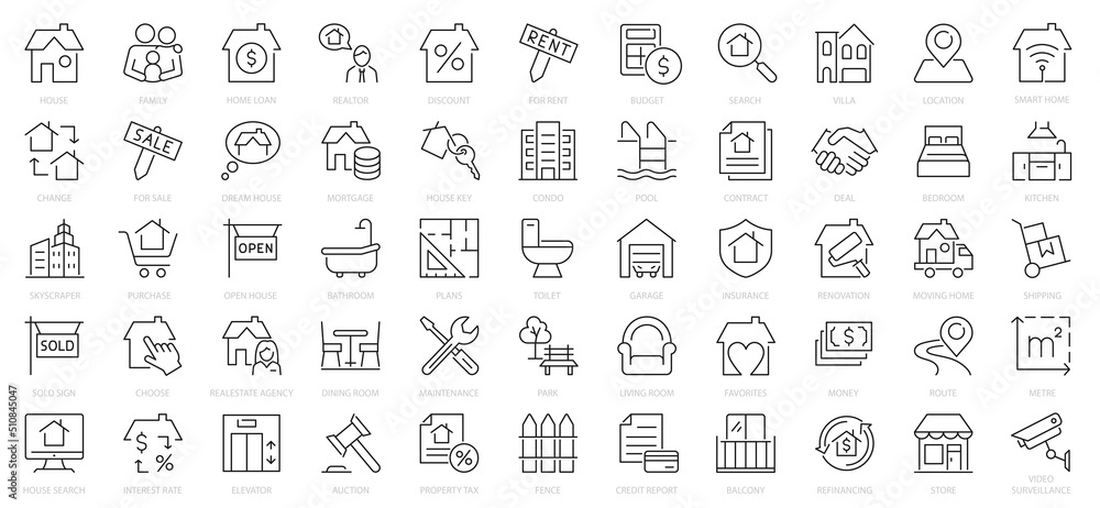 Real estate icons set. Set of 55 Real estate outline icons collection. Rent, building, agent, house, auction, realtor, property, mortgage, home and more. - obrazy, fototapety, plakaty 