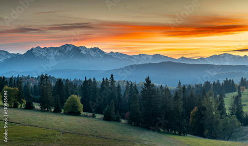Beautiful spring sunset at Tatra mountains in Poland