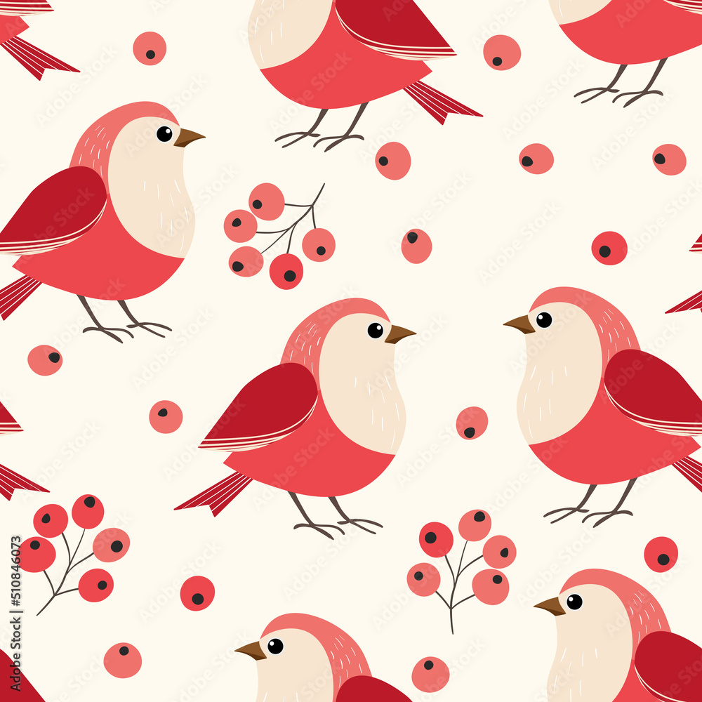 Seamless pattern with funny colorful birds, flowers, leaves and berries. Color flat vector illustration with little cartoon bird. Cute characters. Design for invitation, poster, card, textile, fabric Seamless pattern with funny colorful birds, flowers, leaves and berries. Color flat vector illustration with little cartoon bird. Cute characters. Design for invitation, poster, card, textile, fabric