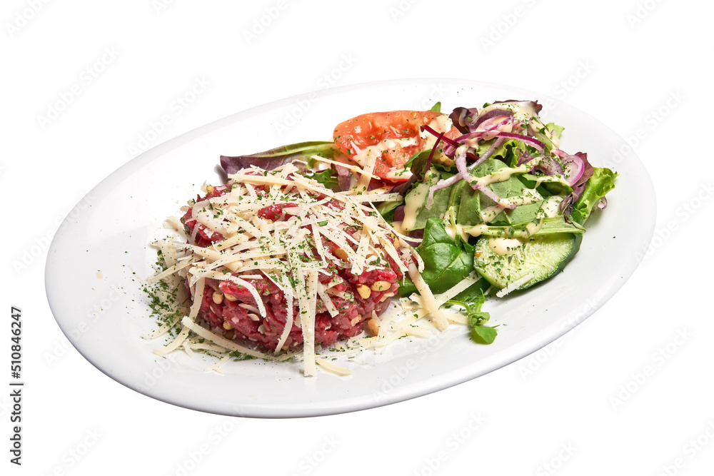 White plate with Steak beef Tartar and salad Isolated White plate with Steak beef Tartar and salad Isolated