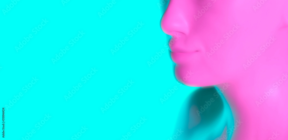 Woman little smile in virtual reality - close up of 3d generated young female face on pink and blue color background