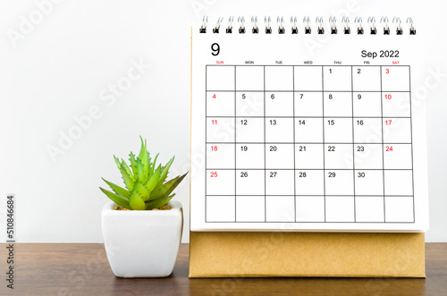 September 2022 desk calendar with plant on wooden table.