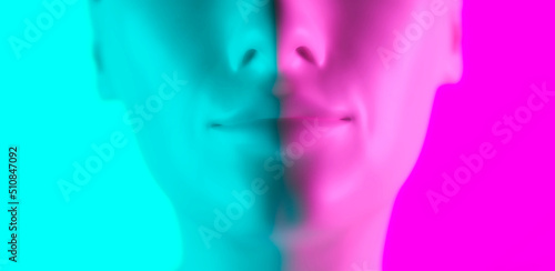 Woman little smile in metaverse - symmetrical close up of 3d generated young female face on pink and blue color background