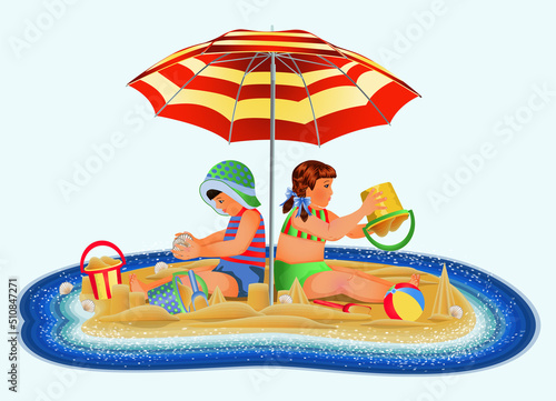 Summer time card, tropical island with little girl and boy on the beach , vector illustration	