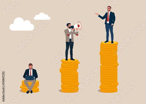 Entrepreneur poor, middle and rich worker standing on stack of their wealth coins. Income gap, inequality revenue in capitalism or career development to earn more income, middle income trap.