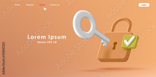 Web banner with security 3d isometric illustration of padlock with key