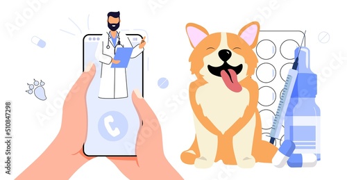 Veterinary doctor online consultation appointment Telemedicine Modern healthcare technologies Pet care, animal medical diagnosis Vector illustration Veterinarian online service or platform