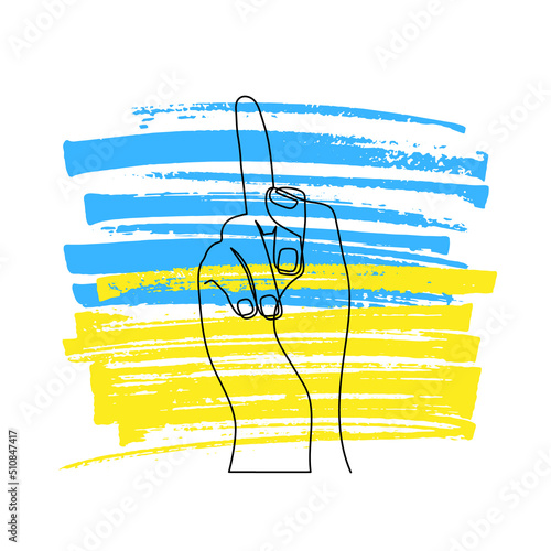 Hand showing middle finger, one-line art, hand drawn continuous contour on Ukraine background. Rude hand gesture, drawing single line style, minimalist design. Editable stroke. Isolated. Vector