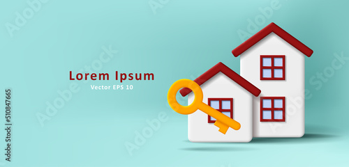 Digital illustration of detached houses with a key, 3d