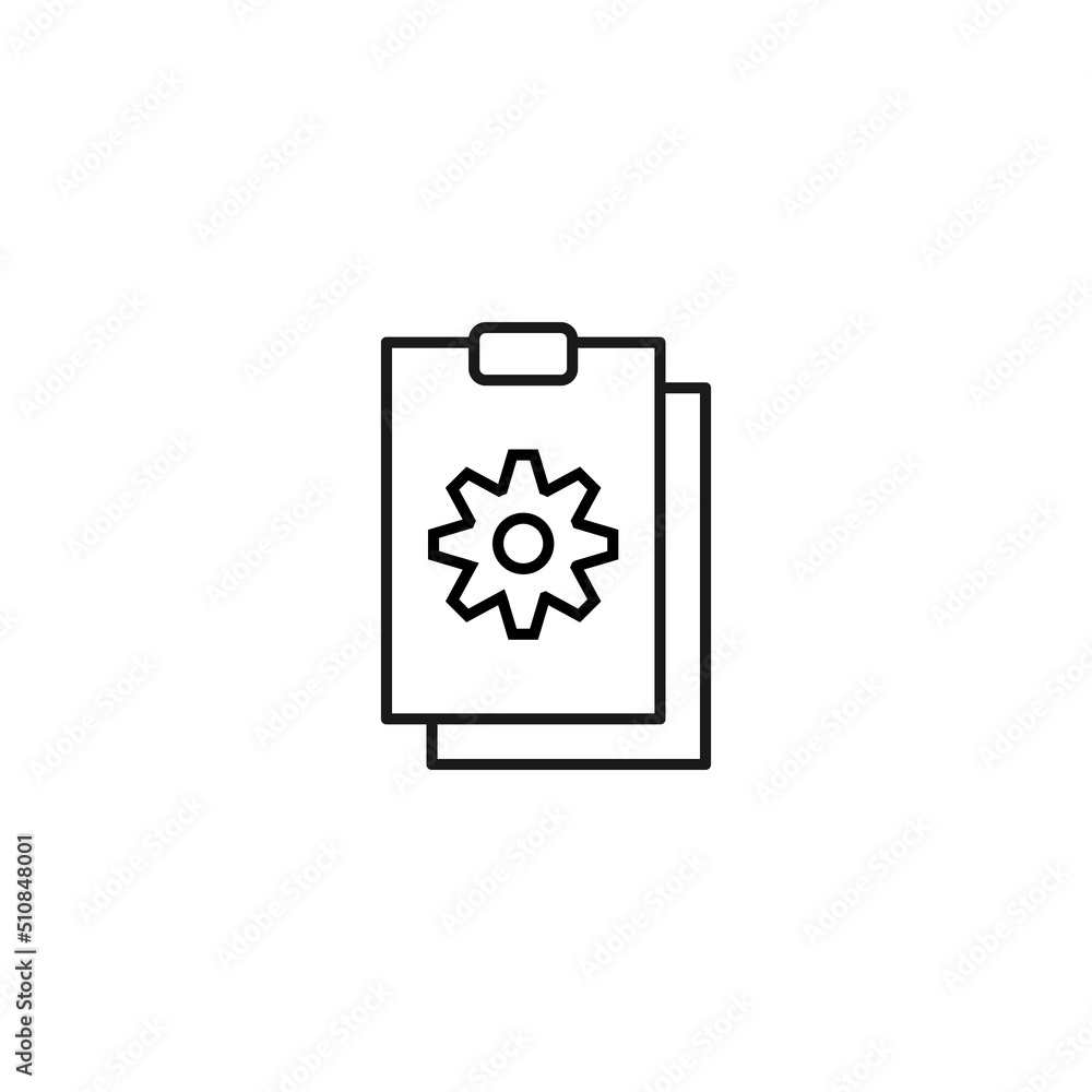 Document, office, contract and agreement concept. Monochrome vector sign drawn in flat style. Vector line icon of cogwheel or gear on clipboard Document, office, contract and agreement concept. Monochrome vector sign drawn in flat style. Vector line icon of cogwheel or gear on clipboard