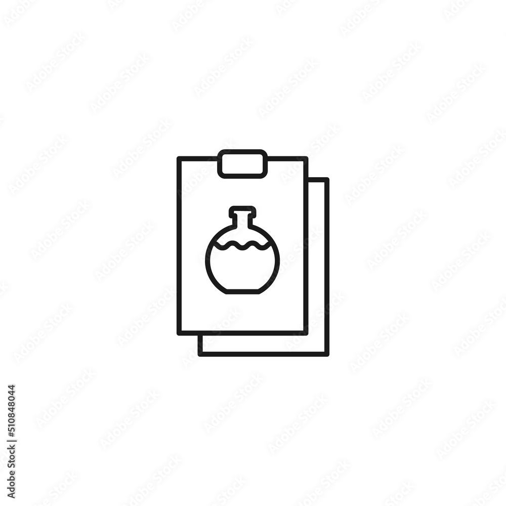 Document, office, contract and agreement concept. Monochrome vector sign drawn in flat style. Vector line icon of laboratory bulb on clipboard Document, office, contract and agreement concept. Monochrome vector sign drawn in flat style. Vector line icon of laboratory bulb on clipboard