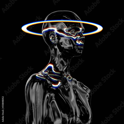 Abstract illustration from 3D rendering of shiny chrome material female bust figure with white halo light ring isolated on black background.