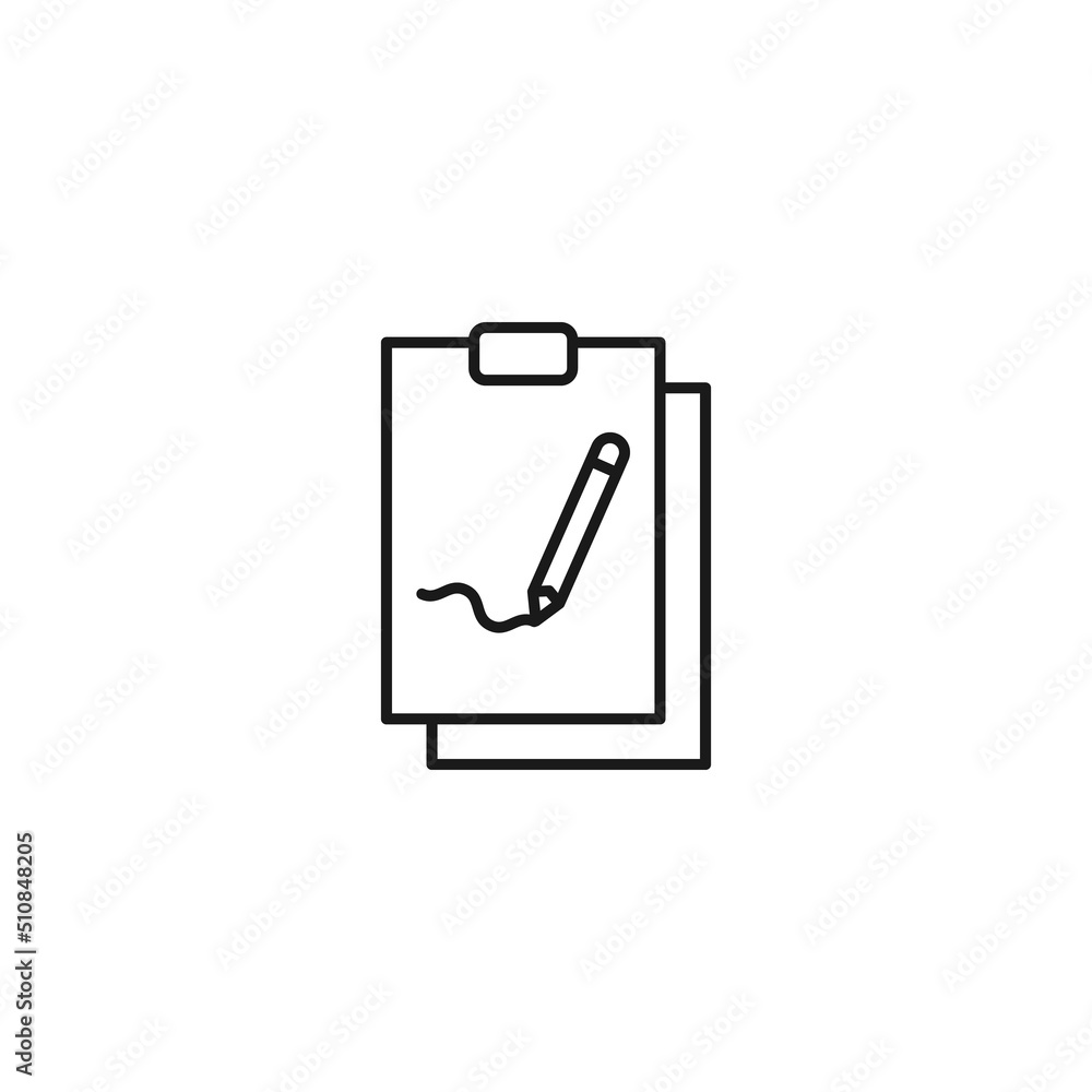 Document, office, contract and agreement concept. Monochrome vector sign drawn in flat style. Vector line icon of writing pencil on clipboard Document, office, contract and agreement concept. Monochrome vector sign drawn in flat style. Vector line icon of writing pencil on clipboard