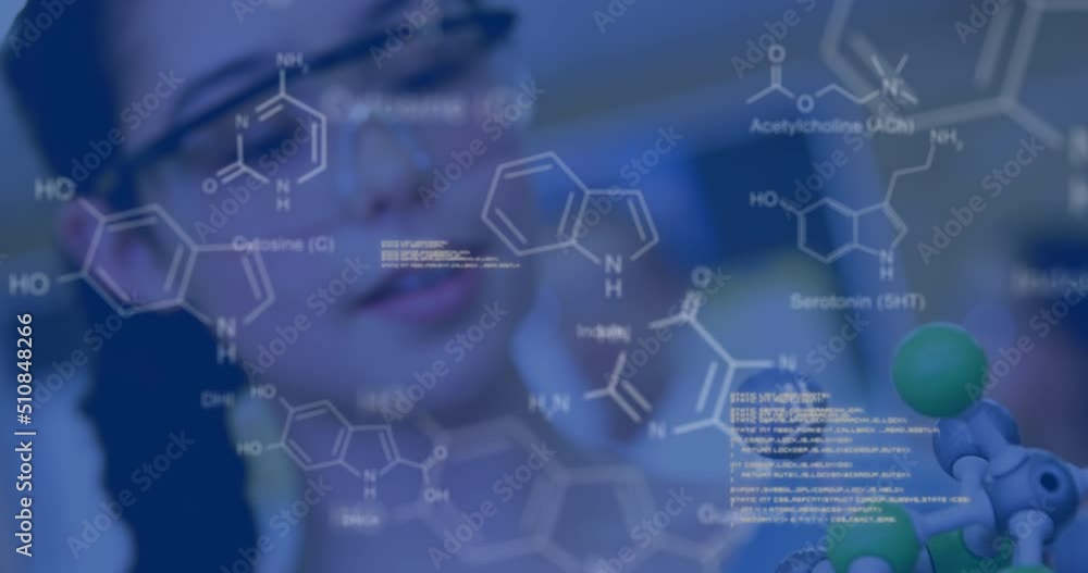 Animation of science data processing over biracial schoolgirl Animation of science data processing over biracial schoolgirl
