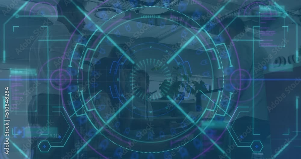 Animation of data processing over diverse group of people Animation of data processing over diverse group of people