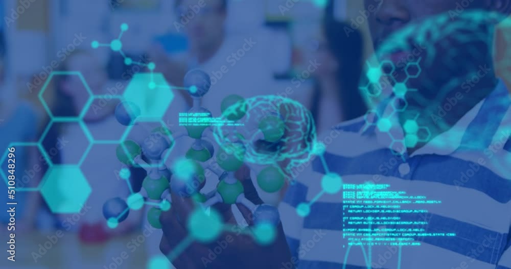 Animation of science data processing over african american school boy Animation of science data processing over african american school boy
