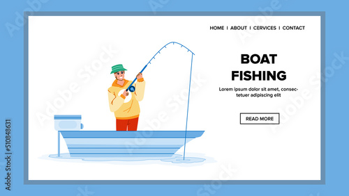 boat fishing vector. river cathch fish, male hobby, spinning boat fishing character. people flat cartoon illustration
